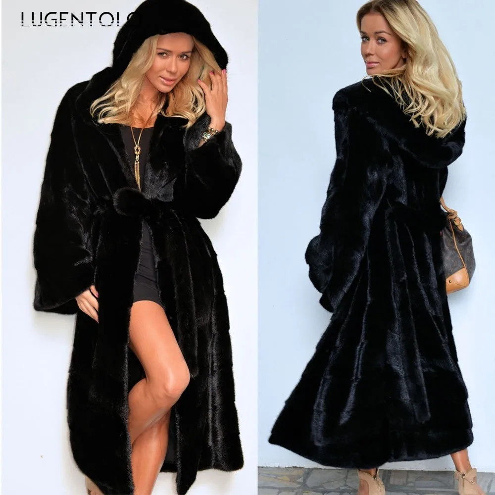

Women Long Faux Fur Coat Black Wide-waisted Thick Warm Full Sleeve Sashes Winter New Casual Fashion Womens Coats