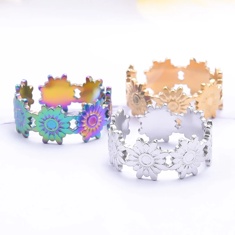 

5pcs Idyllic Flowers Jewelry Golden/Silver Color Stainless Steel Charm Adjustable Knuckle Finger Rings for Jewelry Party Gifts