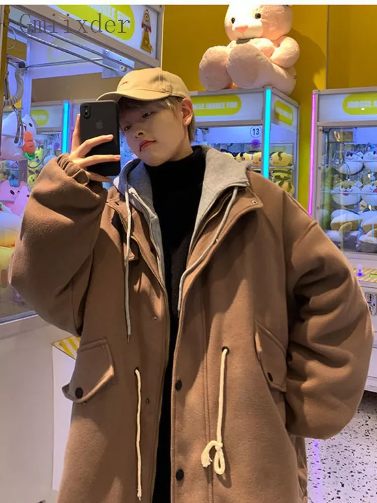 Hooded Coat Couple Mid-length Fake Two-piece Thickened Mens Winter Padded Men's Trendy Hong Kong Style