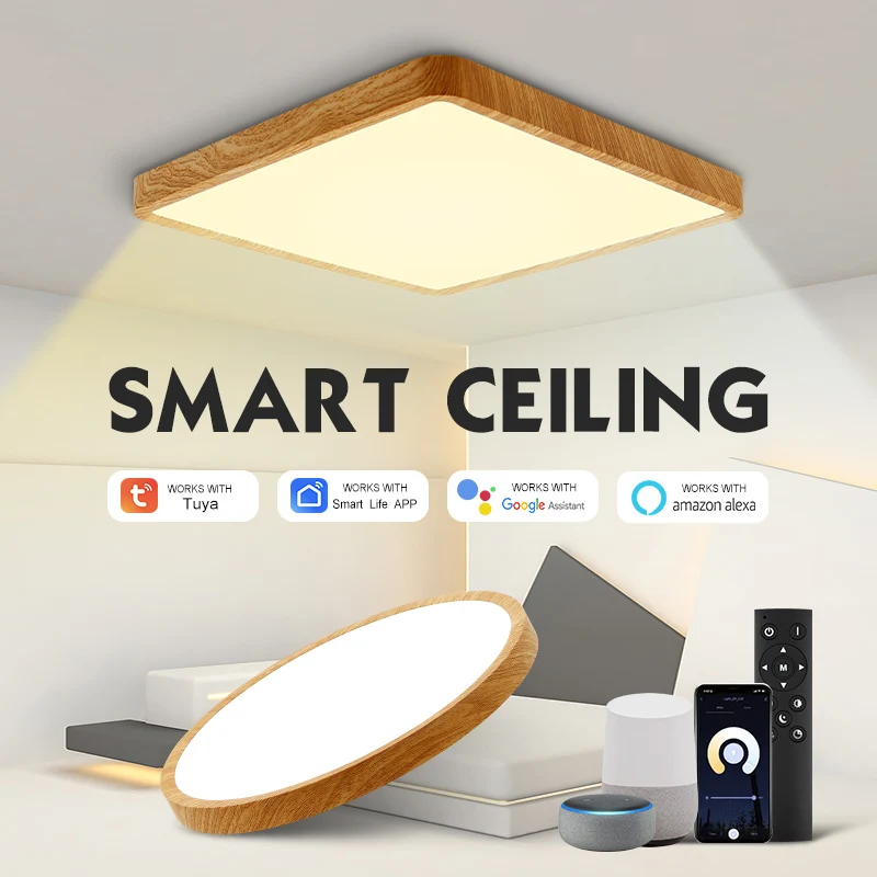 

Smart Ultra Thin LED Ceiling Lamps 36W 24W Tuya App Remote AI Voice Control Work with Alexa/Google Wood Grain Indoor Home Lights