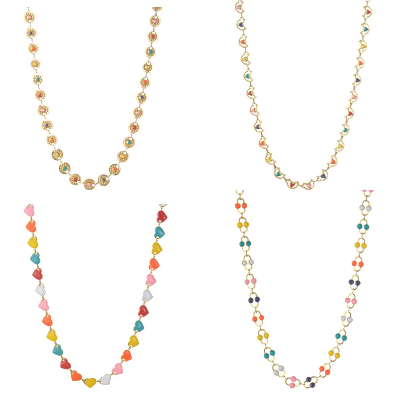 

Stainless Steel Trendy Colorful Geometric Heart Pendant Necklace for Women Fashion Peach Dripping Oil Gold Chain Choker Necklace