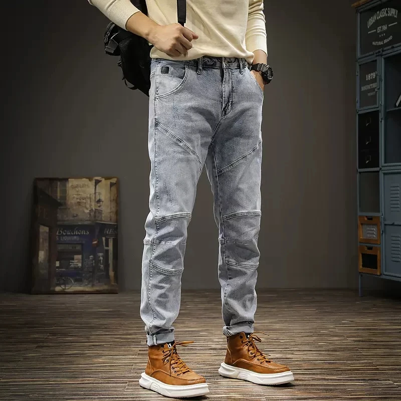 Streetwear Fashion Men Jeans Retro Light Blue Stretch Slim Spliced Biker Jeans Homme Hip Hop Pants Men Elastic Vintage Trousers