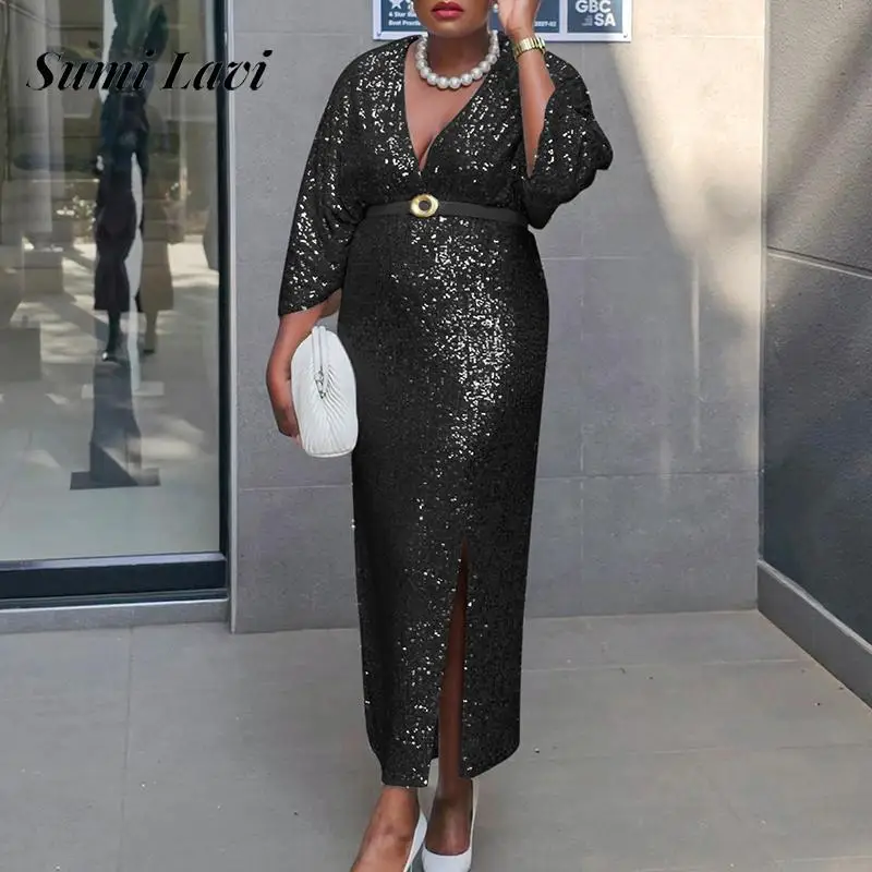 Элегантное вечернее платье с глубоким v-образным вырезом и рукавами 3/4 женское