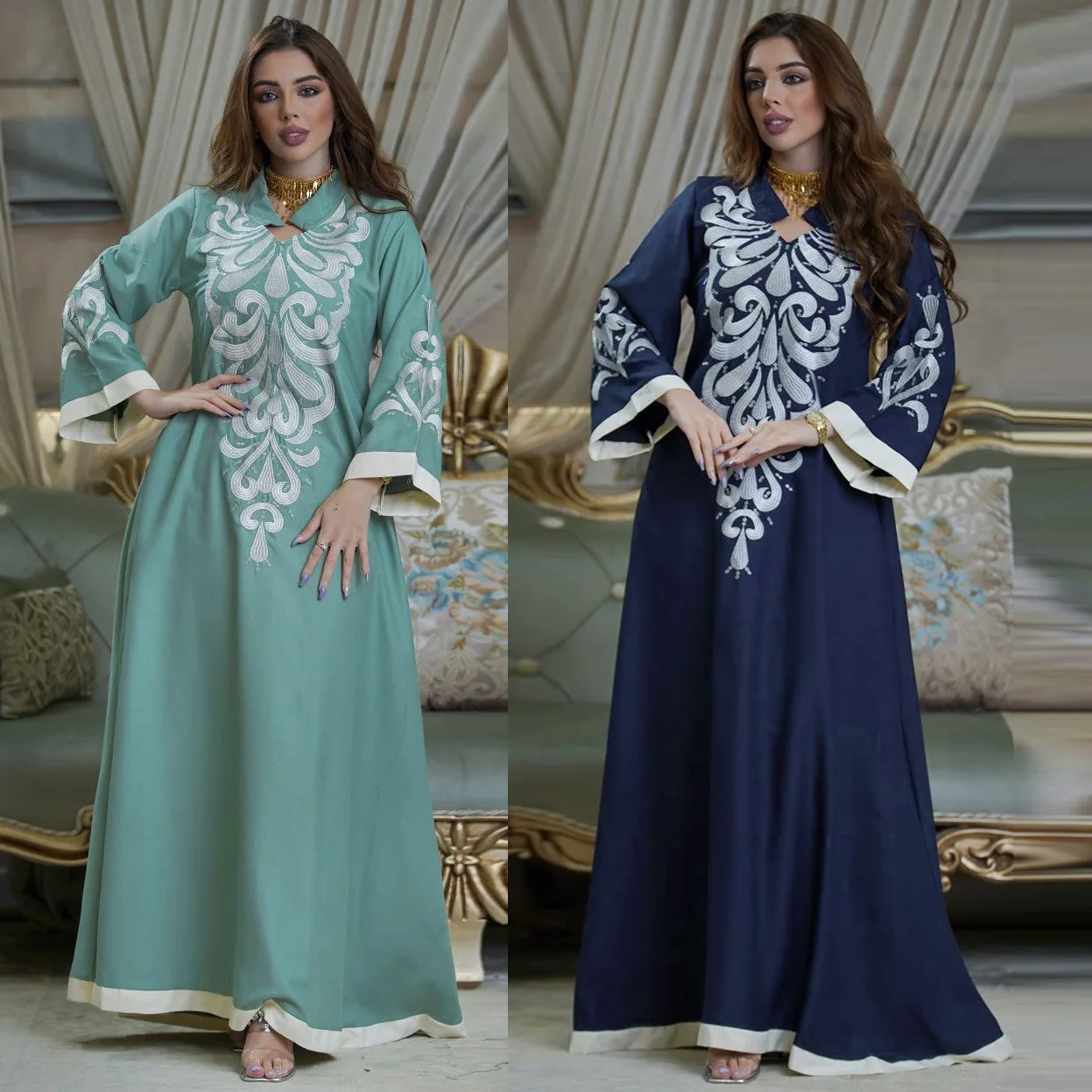 

Spring Summer Southeast Asia Abaya Stitching Dress Embroidery Muslim Ramadan Dubai Robe Women Long Maxi Dress Floral