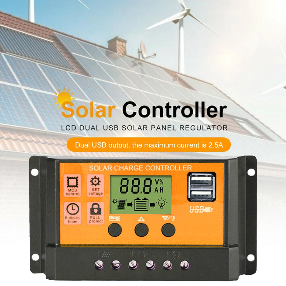 

100A Solar Charge Controller 12V/24V Solar Panel Battery Regulator with LCD Display Dual USB Output Solar Panel PV Regulator