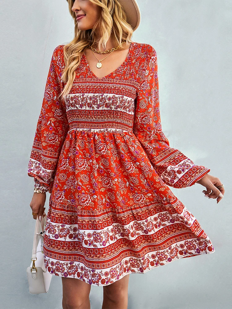

Khalee Yose Elegant Floral Boho Mini Dress Vintage Autumn Long Sleeve Women Holiday Dresses Casual Beach Ladies Dress Vestidos