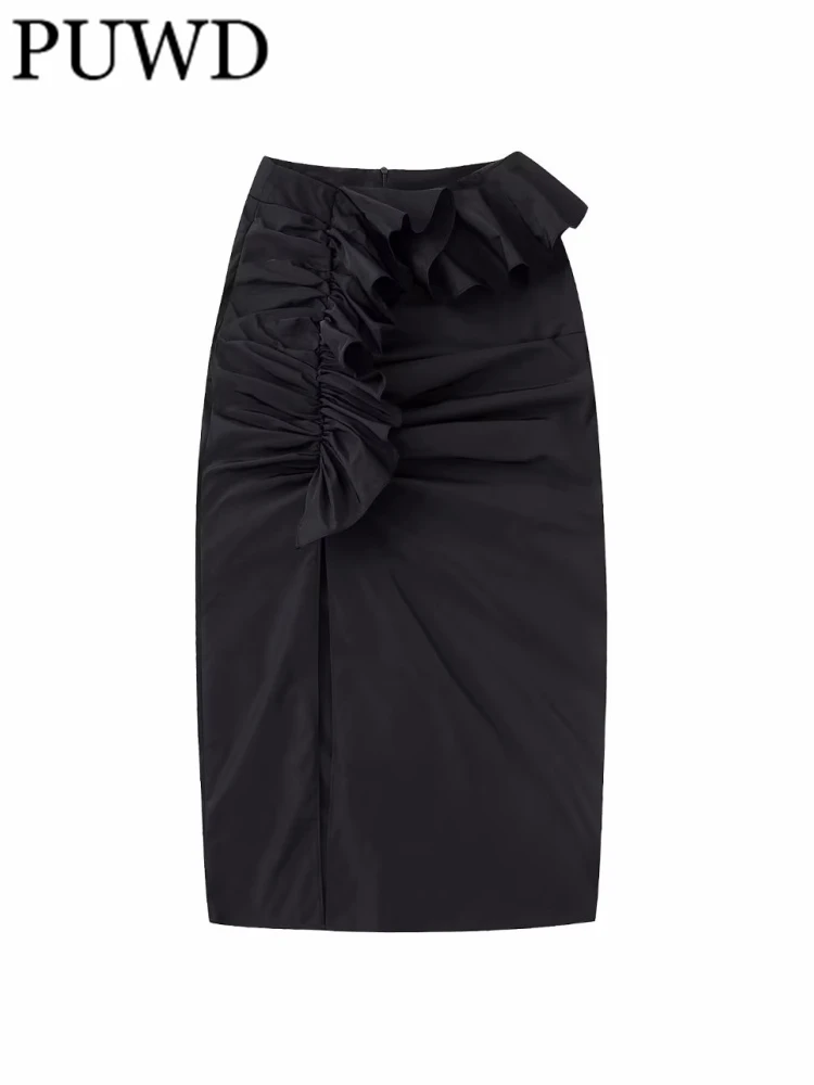 

PUWD Women Fashion Black Laminated Decoration Midi Skirt Vintage High Waist Back Zipper Female Skirts Mujer