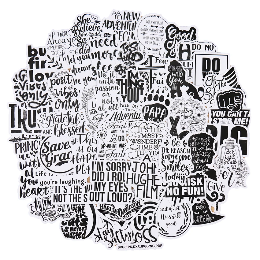 

50PCS Motivational Short Sentence Stickers Random Black And White Graffiti Sticker Laptop Stickers Toy DIY Skateboard