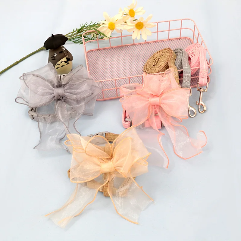 

Mesh Cat Harness and Leash Set Cute Bowknot Kitten Vest Harness for Dogs Pomeranian Puppy Clothes Matching Lead Rope