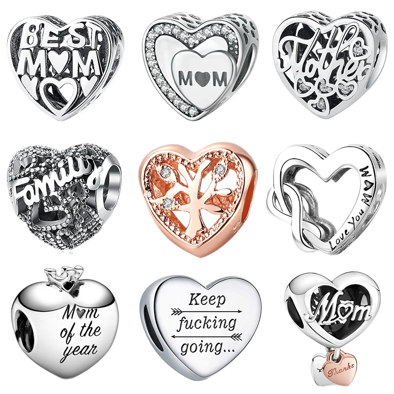 

New Sparkling Love You Mum And Family Infinity Heart Charm Beads Fit Original Pan Series Bracelet DIY Jewelry For Women