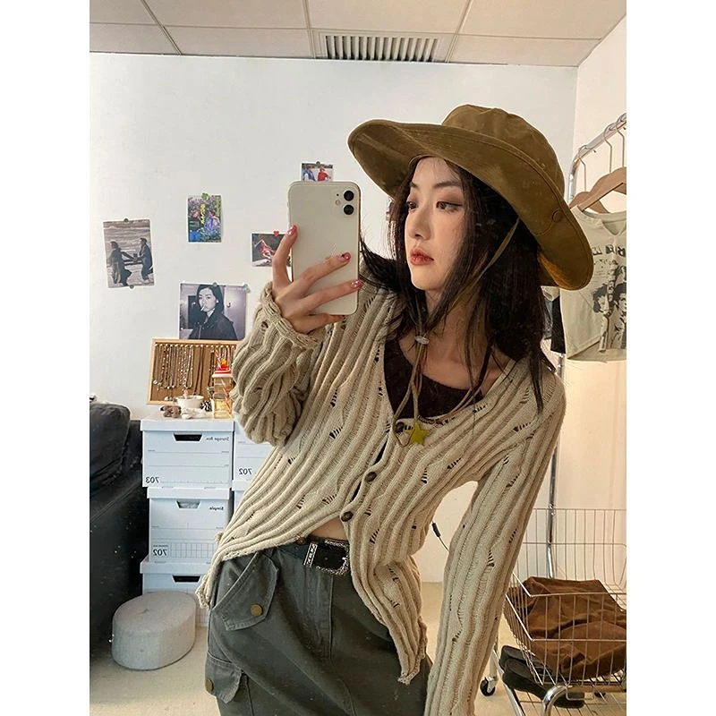 Hollow Out American Retro Distressed Cardigan Hole Long Sleeve Women V Neck Sweater Y2k High Street Crop Tops Button Sueters