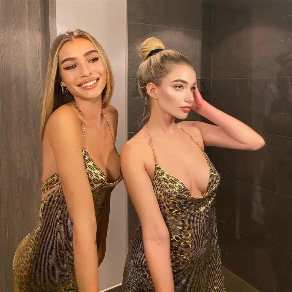 

HENCHIRY 2022 Women European American New Nightclub leisure Leopard Print Sexy V-neck Suspender Backless Metal Suspender Dress