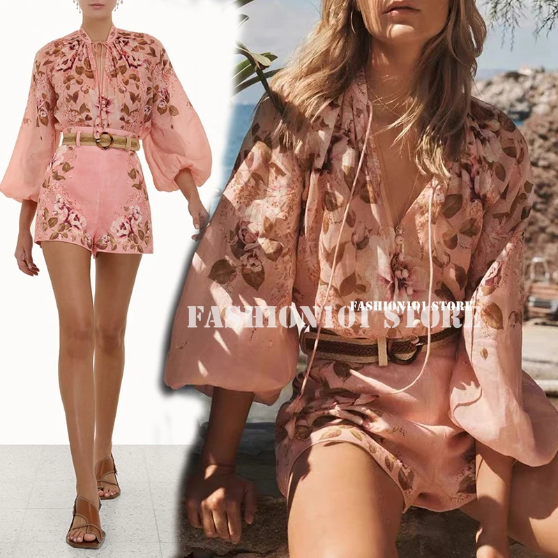 

2022 Summer Branded 1:1 Floral Print Vintage Lantern Sleeve Shirt with Shorts Linen Cotton Blended Two Piece Outfits for Women