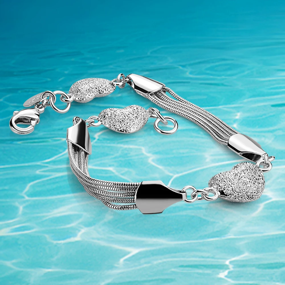 

European pop heart bracelet 925 sterling silver women's bracelet multi-layer line frosted heart romantic Valentine's Day gift