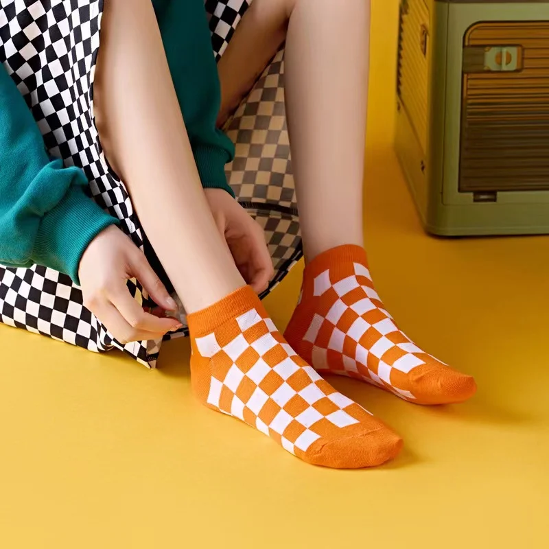 Checkered cotton socks women's boat Socks Student summer socks Elastic Breathable fashion socks