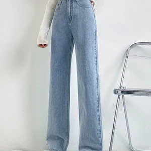 Yitimoky Woman Jeans Fashion High Waist Wide Leg Cotton Denim Clothing Blue White Streetwear Vintage