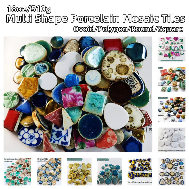 

18oz/510g Multi Shape Porcelain Mosaic Tiles 5mm/0.18in Thickness Ovoid/Polygon/Round/Square Ceramic Tile DIY Craft Materials