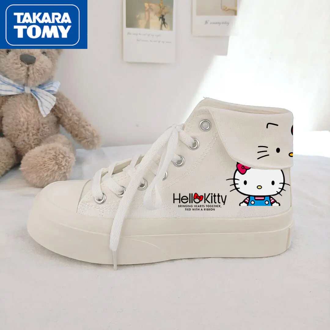 

Красивые и удобные холщовые кроссовки Takara Tomy Hello Kitty для девочек, милые аниме высокие кроссовки, нескользящая повседневная обувь на толстой ...