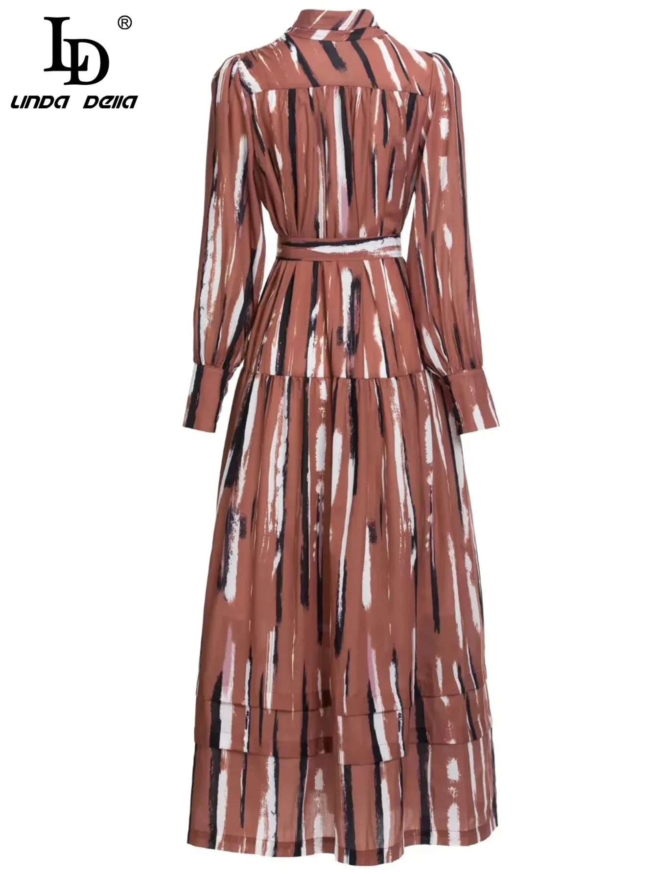 

LD LINDA DELLA Fashion Designer Autumn Dress Turn-down Collar Single breasted Belted Stripe Printed Loose Long Dress Vestidos