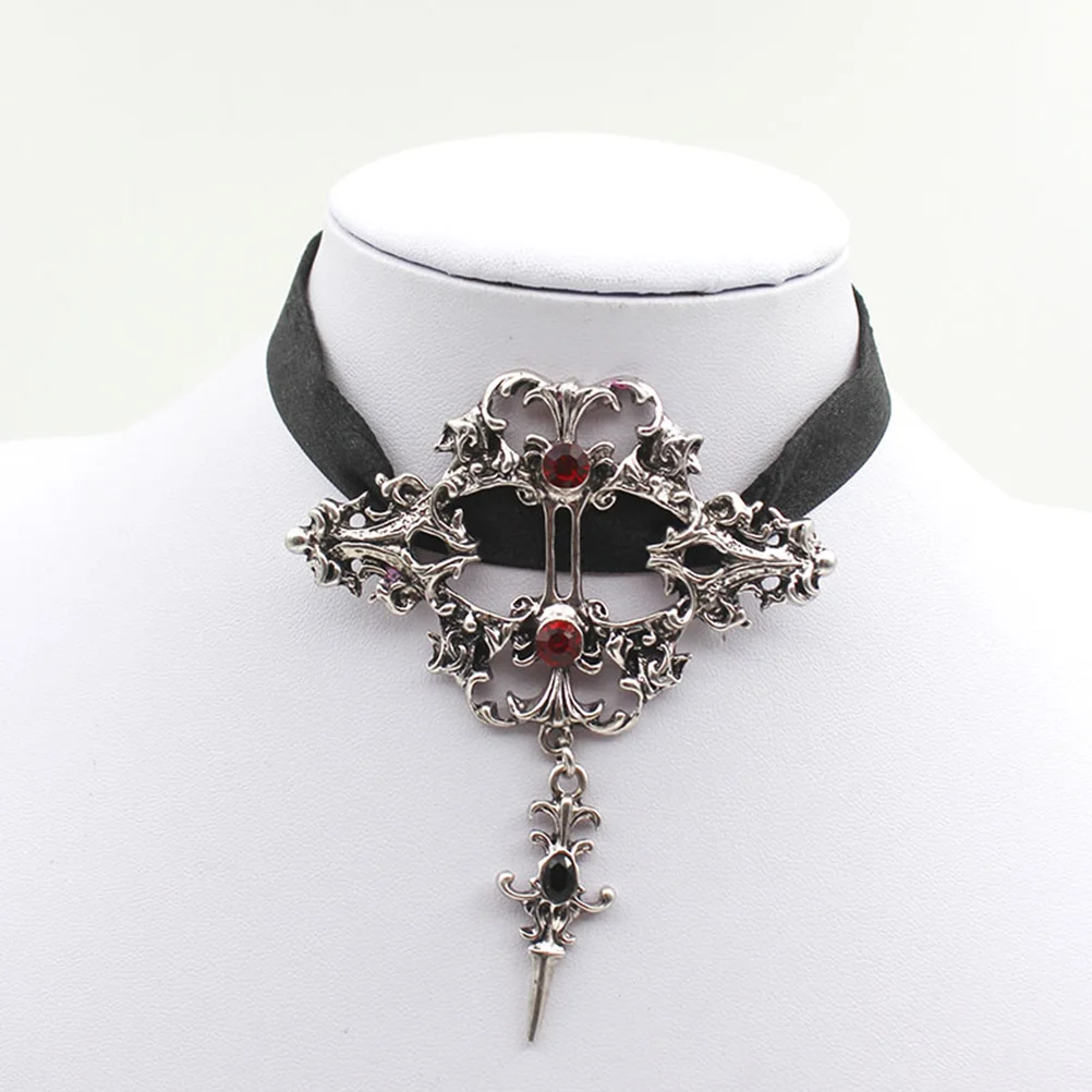 

Girl Punk Pendant Necklace for Simple Black Bud Ribbon Cross Choker (Red)
