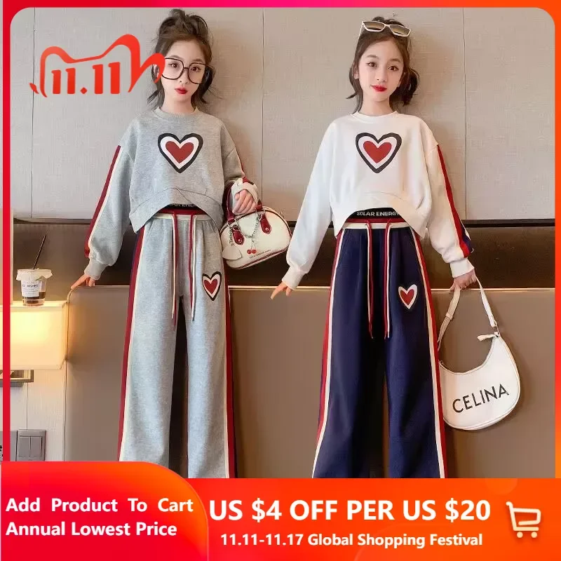 

2023 Korean Style Spring Autumn Fashion Kids Clothes Girl 2Pcs Set Heart Print Sweatshirt and Wide Leg Pants Suits 3-13Y