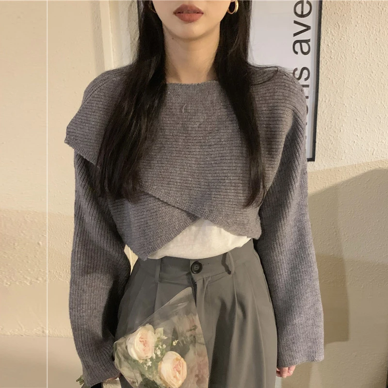 

Women Sweater Autumn Winter Knitted Cropped Cross Irregular Streetwear Sweater Y2K Tops Long Sleeve Pullovers Sweater Pull 22933