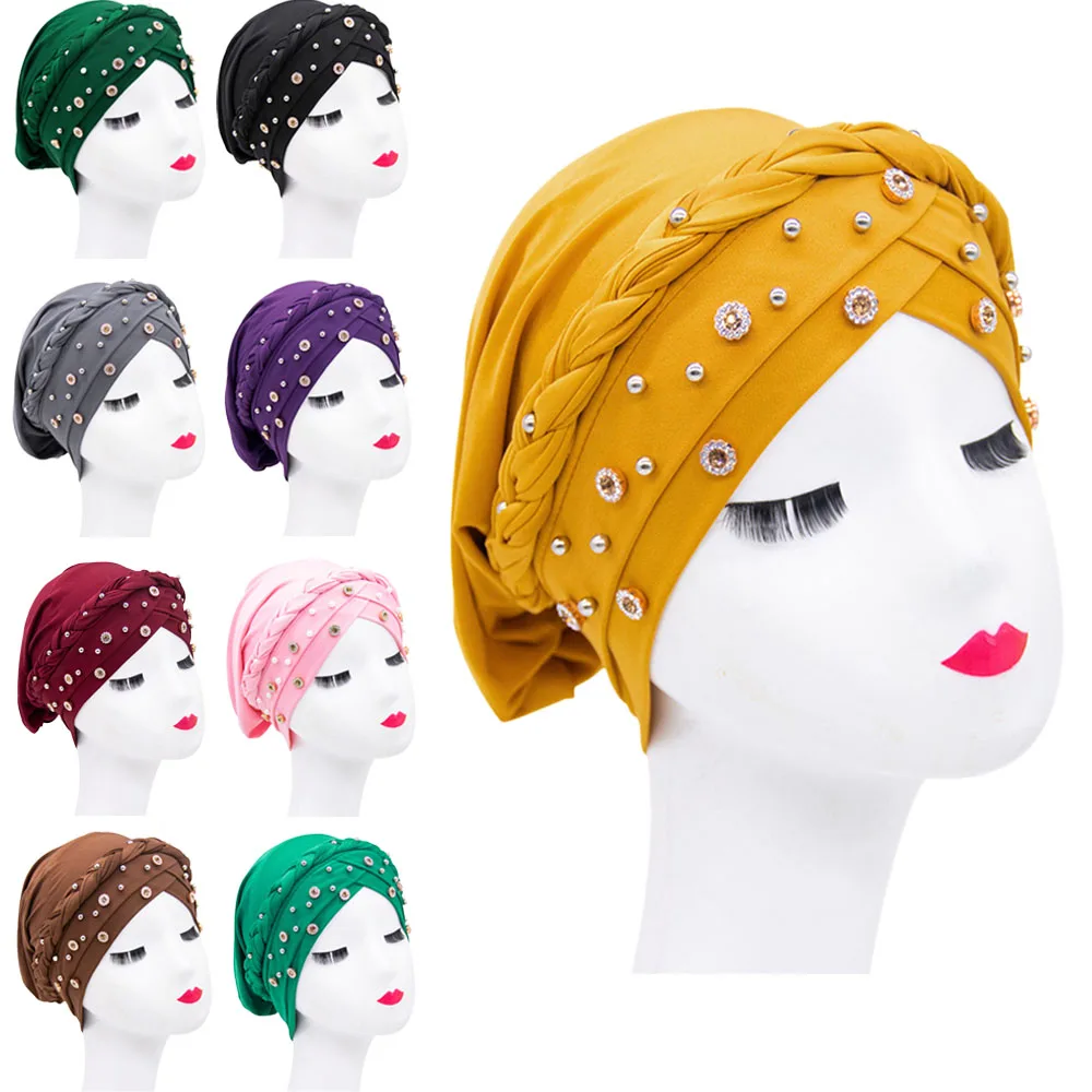

New Solid Color Beaded Braid Hijab Caps Spring and Autumn Women Muslim Wrap Turban Cap Fashion Inner Hijabs Bonnet Ready To Wear