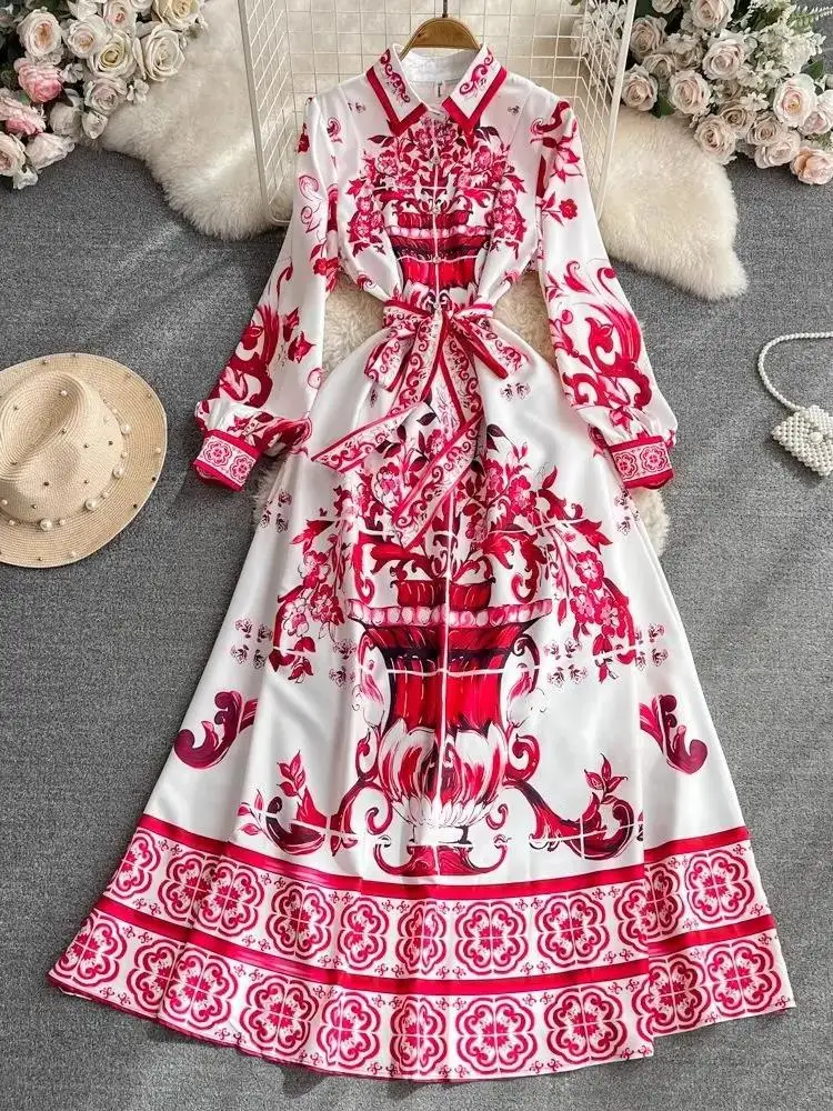 Осеннее модное сине-белое фарфоровое винтажное платье женская одежда