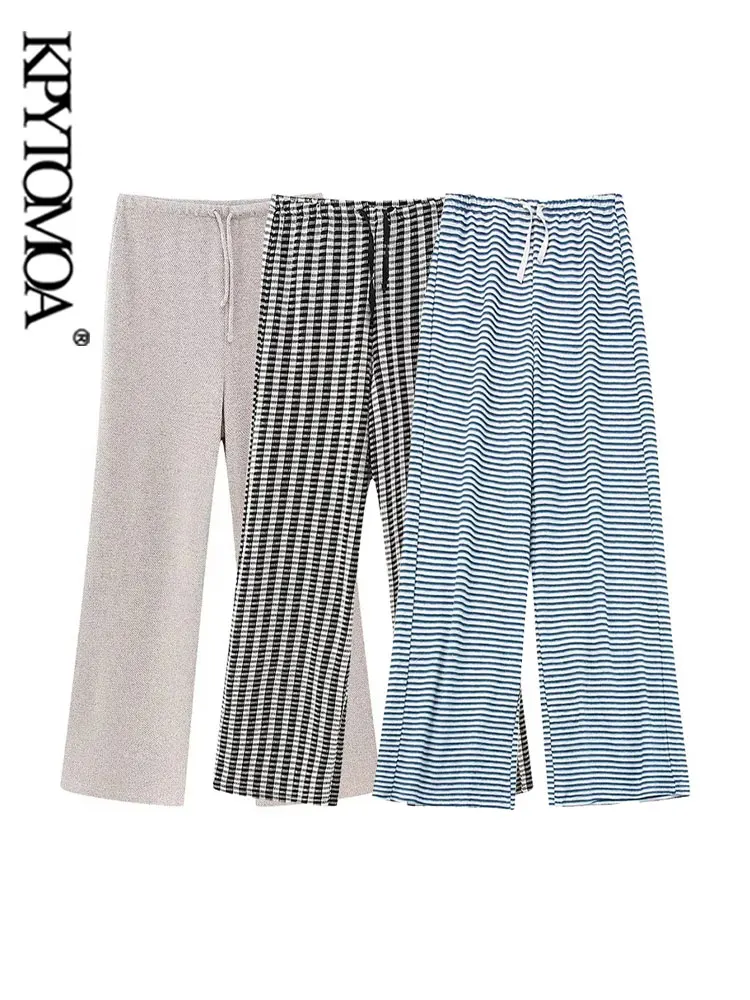 

KPYTOMOA Women Fashion Textured Jacquard Wide Leg Pants Vintage High Waist With Drawstrings Female Trousers Mujer