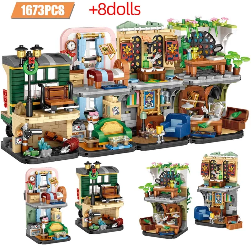 

1673Pcs 4 in 1 Mini Magical Magic School Building Block City Street View Wand Herbal Course Figures Bricks Toys for Kids