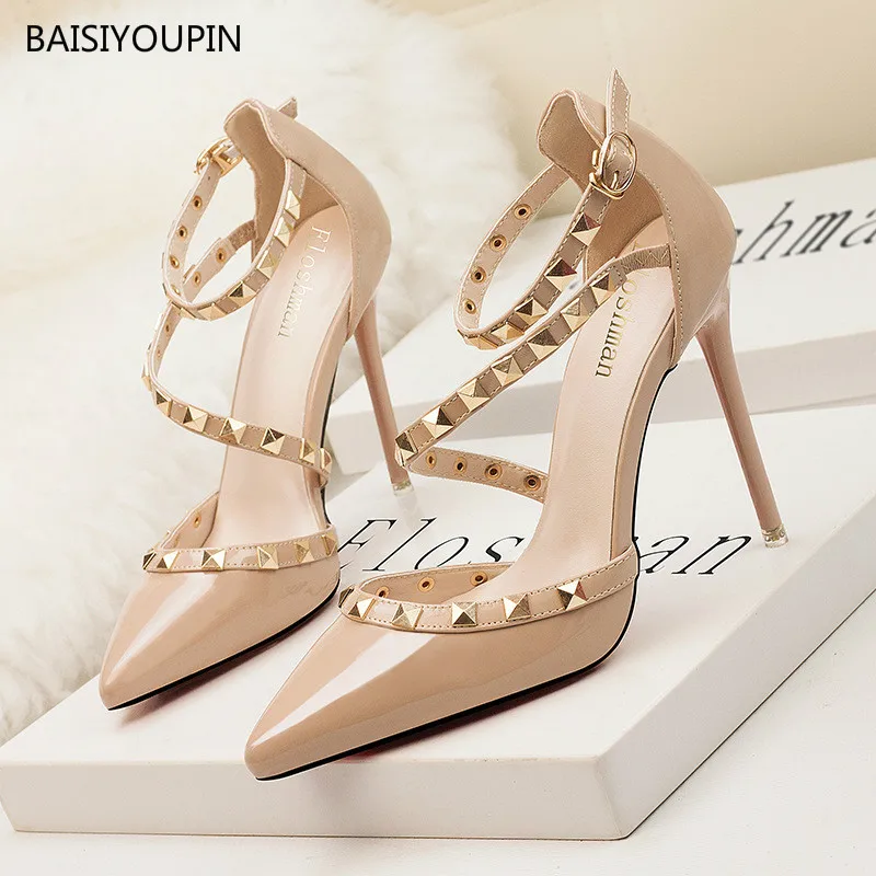 

Elegant Solid Wedding Pumps Women Summer Concise Pointed Toe Office Career Rivet 10cm High Heels Sandals Club Party Dress Shoes