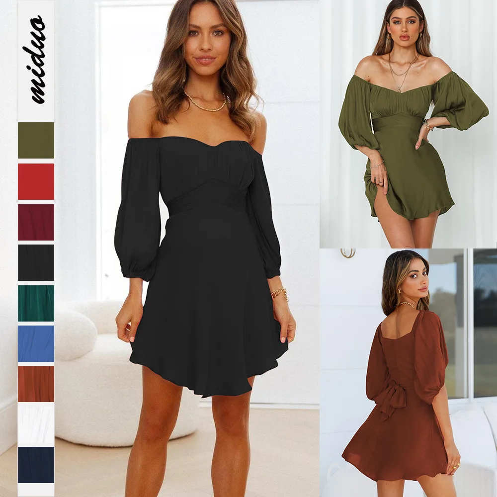 

2022 Summer Solid Color One-shoulder Sexy Off-the-shoulder Lantern Sleeve Dress Square Neck Fashion All-match Women's Dress
