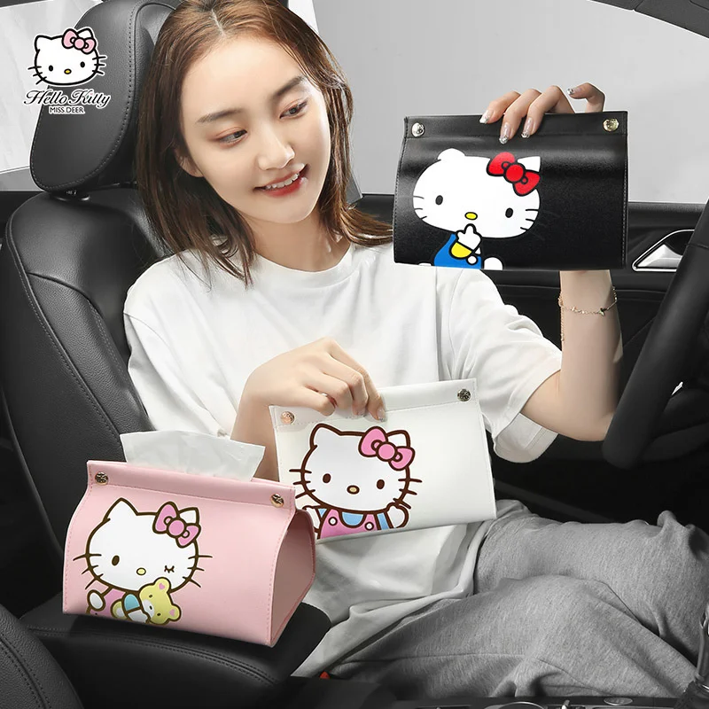 Hello Kitty Original Car Car Tissue Box Creative Cartoon Kawaii Cosmetic Bag Women's Portable Car Tissue Box Environmentally