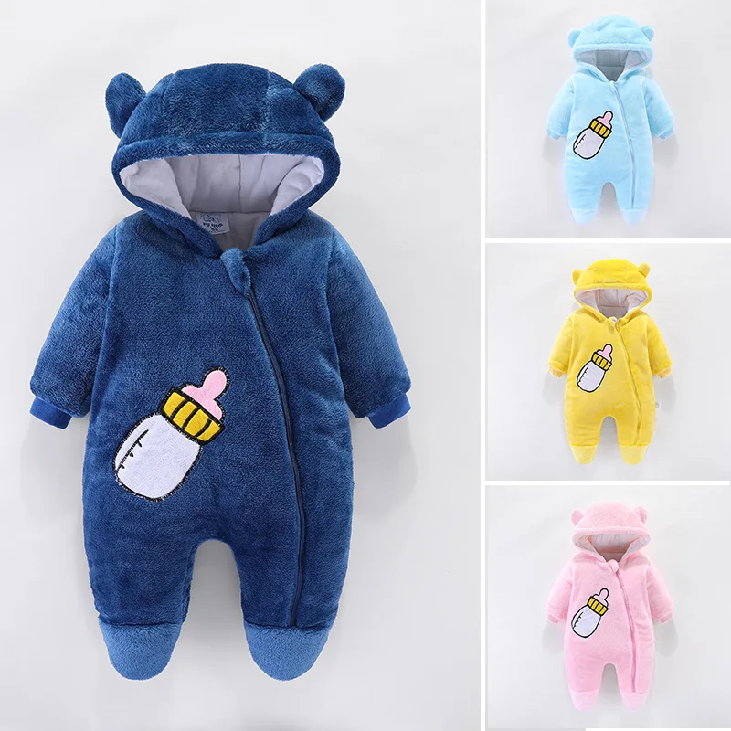 

Autumn Winter Baby Boy Romper Embroidered Feeding Bottle Hooded Newborn Jumpsuit Infant Baby Girl Overalls Toddler Snowsuit