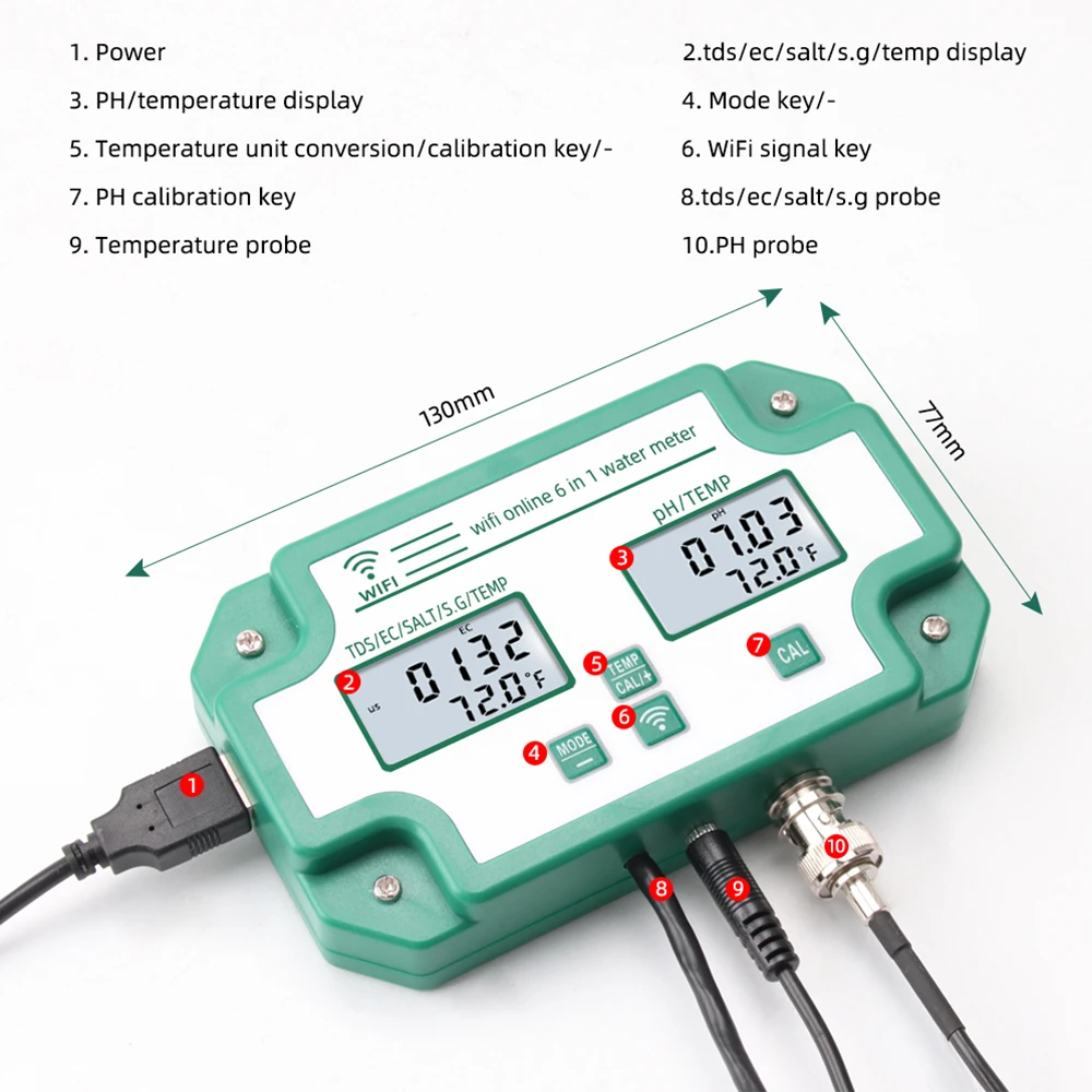6 in 1 Water Quality Tester Tuya WiFi Monitor Digital PH/Total Dissolved Solids/EC/SG/Salt/Temp Meter for Aquarium