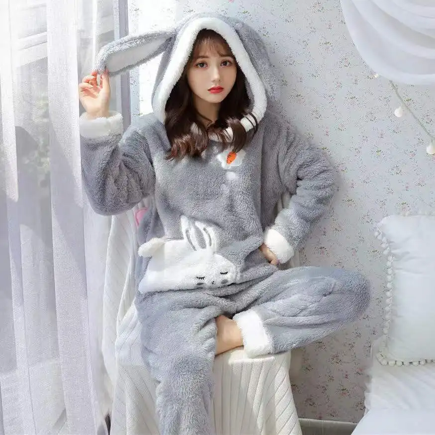 Winter Women Hooded Pajama Sets Cute Rabbit Sleepwear Home Clothing Flannel Thicken Warm Lounge Long Sleeve Home Wear