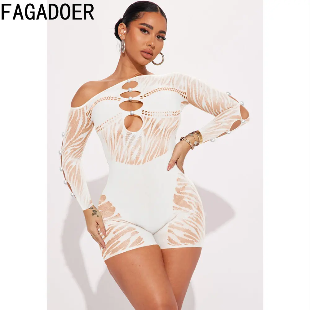 FAGADOER Sexy Hollow Out Mesh Rompers Women Off Shoulder Long Sleeve Bodycon Jumpsuits Femael Solid Nightclub Overalls Clothing