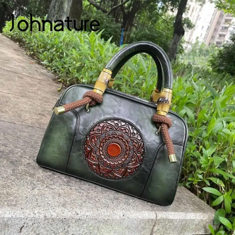 

Johnature Retro Hand Made Totem Embossing Leather Pillow Bag Women 2022 New Versatile Handbag High-quality Shoulder Bags