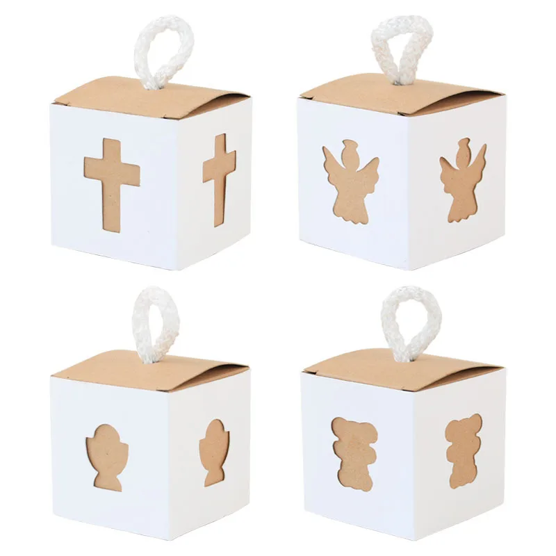 

25pcs Cross Bear Grail Angel Pattern Kraft Paper Candy Box Square Gift Bags with String Candy Packaging for Baptism Christening