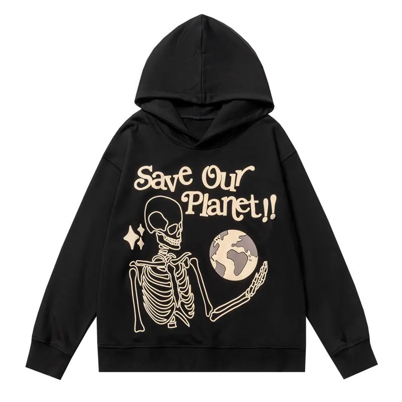 

Men Punk Gothic Hooded Sweatshirt Hoodie Hip Hop Skull Skeleton Letter Print Pullover Hoodies 2022 Harajuku Casual Loose Hoodie
