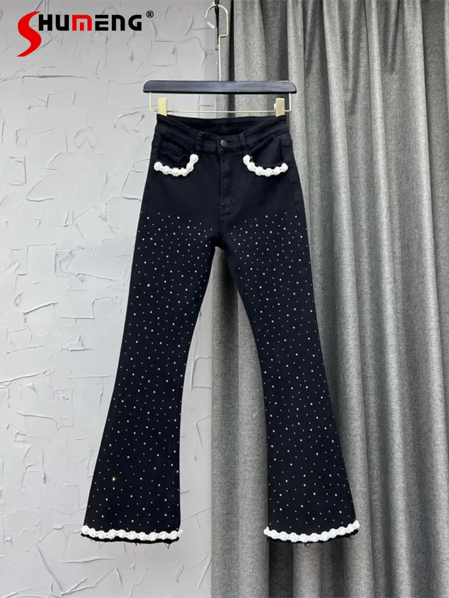 

European Ladies Fashion Autumn Sweet Luxury Rhinestone Beads Black Jeans Women's Fashion Elegant Slimming Flared Denim Pants