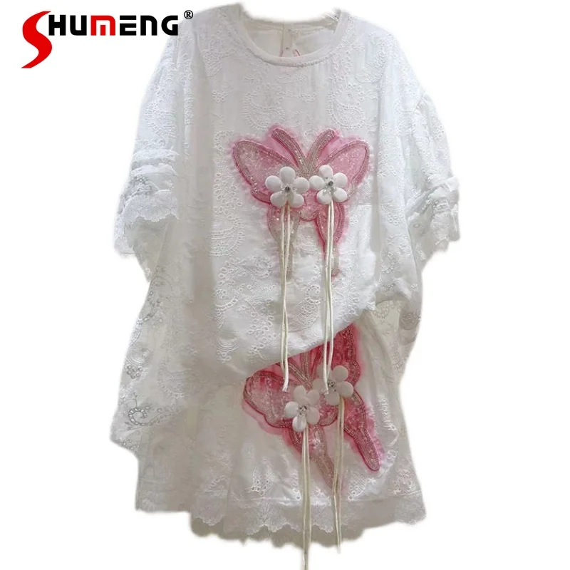 

Exquisite Rhinestone Beaded Bow Lace White Tshirt Top Women Casual Shorts Two-Piece Set Female 2022 Summer New Short Sleeve Suit