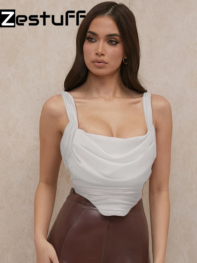 

Zestuff White Pink Stretchy Satin Lined Fashion Cami Top Everyday Wear Lady Blouses Cowl Neck Ruched Solid Color Satin Crop Top