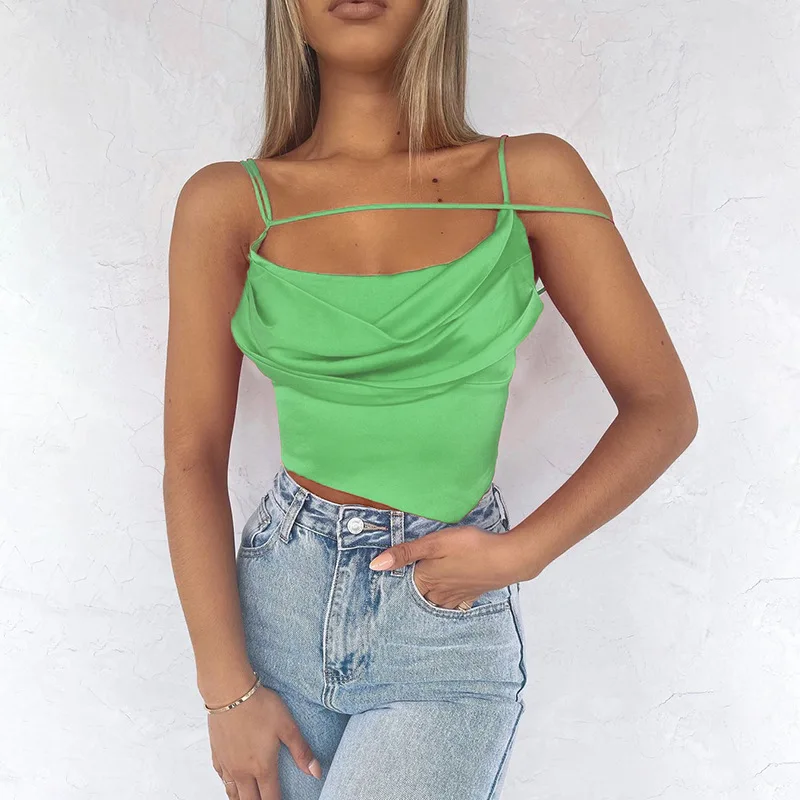 

Y2K Cute Satin Camisole WOmen Corset Crop Tank Top Women Sexy Sollid Tee Shirt Femme Irregular Folds Halter Tanks Camis T-shirt