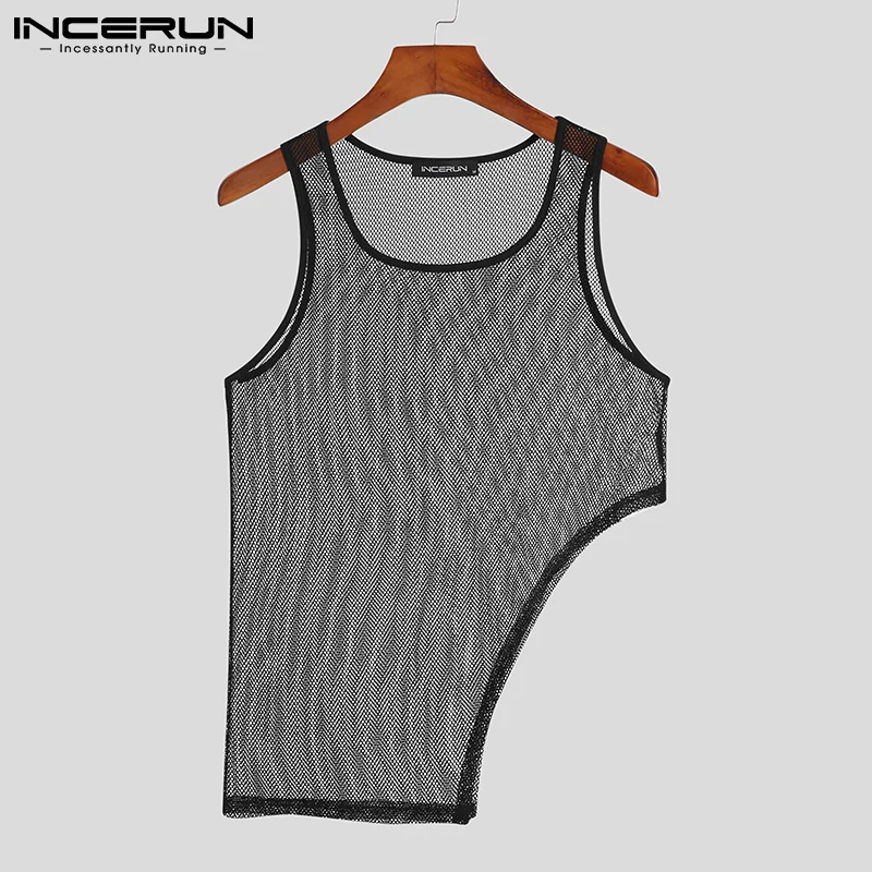 

2023 Men Tank Tops Mesh See Through O-neck Sleeveless Irregular Vests Summer Streetwear Sexy Casual Men Clothing S-5XL INCERUN