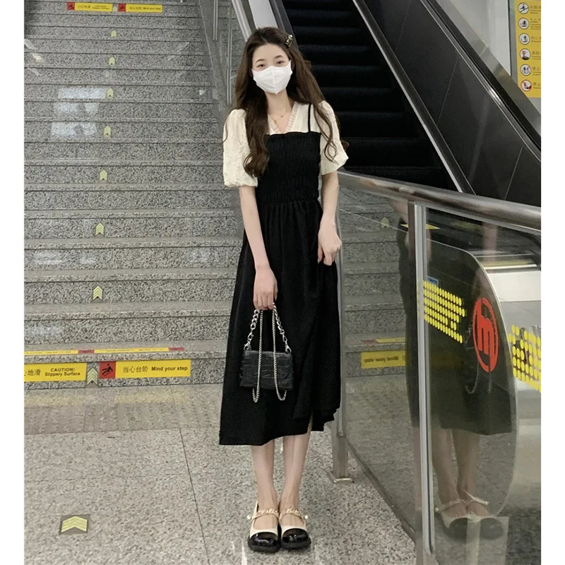 

2023 Black Patchowrk Fake Two Piece Midi Dress Summer Short Sleeve Chic V Neck Dress Korean Women Elegant Preppy Style Dresses