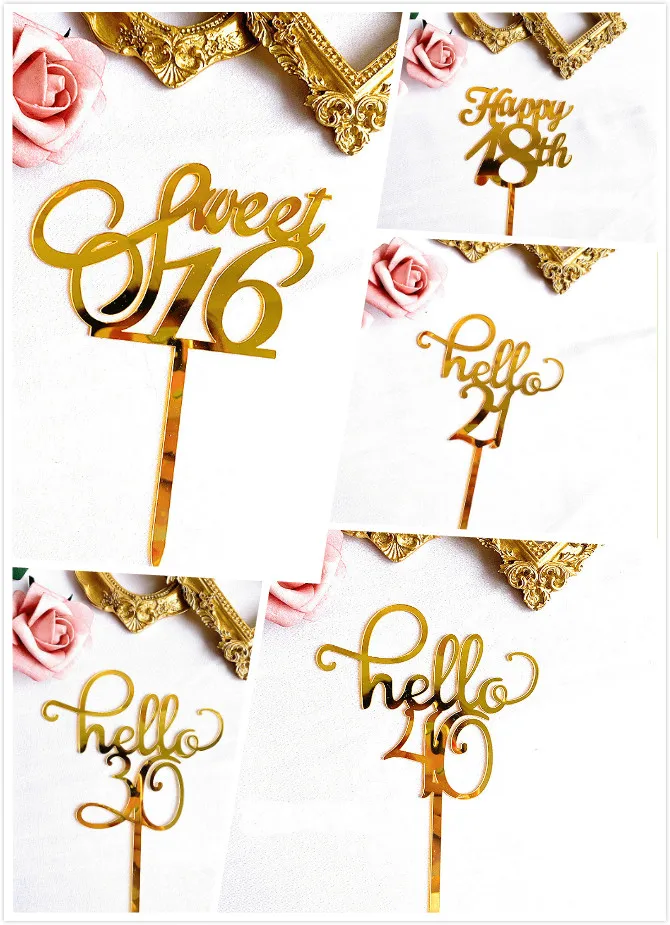 New Gold Acrylic Happy Birthday Cake Topper Sweet16 20th 30th 40th Special Age Birthday Party Decoration Supplies