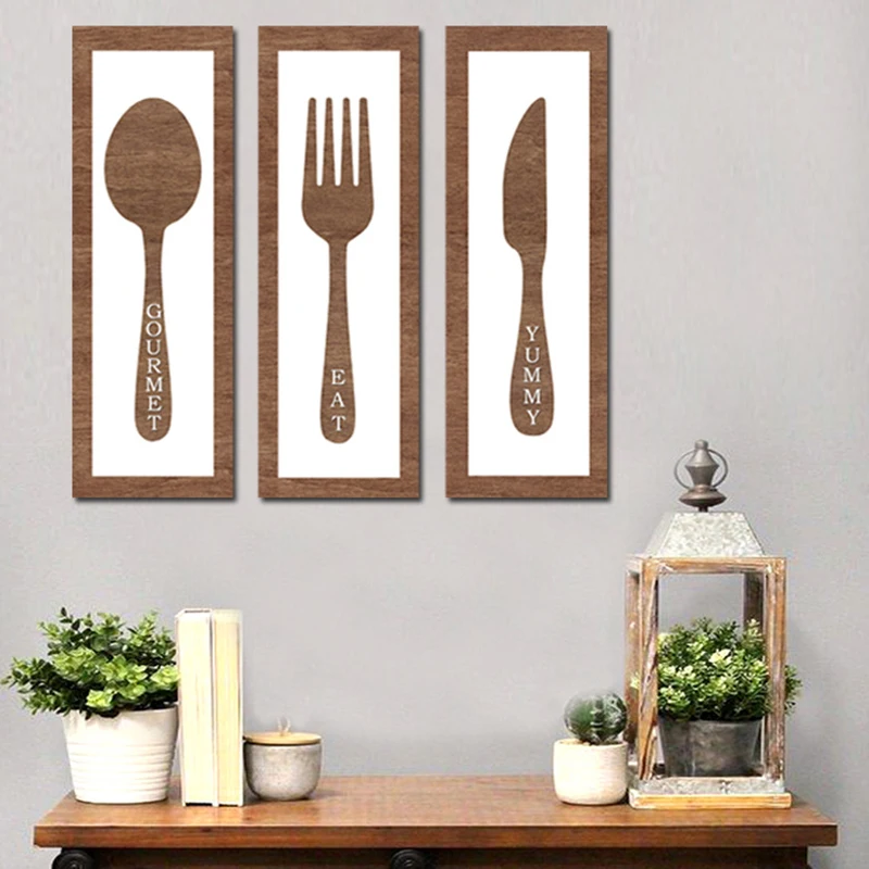 

3PCS/Set Dinning Room Wood EAT Sign Fork Spoon Knife Block Word Signs Wall Decor Decorative Country Wall Art For Kitchen Sign