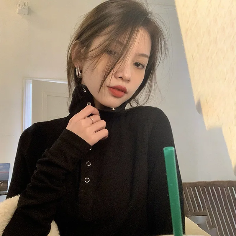 

All-Match Casual Long Sleeve Top Fashion Button High Neck Design Korean Style