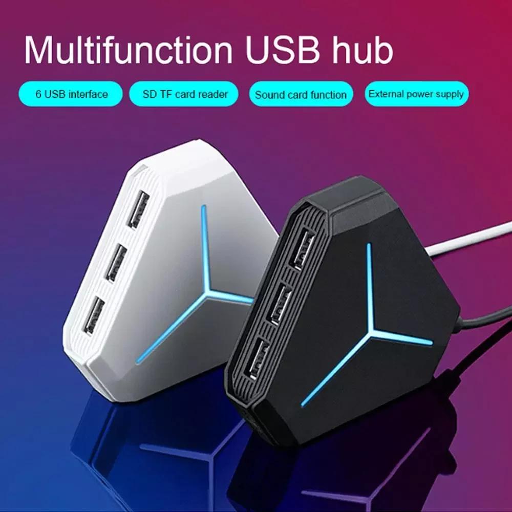 

6 Ports USB Hub Splitter With TF SD Card Reader Mic AUX Cool Light Charging USB 2.0 Hub 1m Cable for Multi-device Desktop Laptop